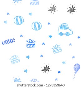 Light BLUE vector seamless template in carnival style. Abstract illustration with a toy car, baloon, candy, star, ball. Pattern for carnival, festival ads.