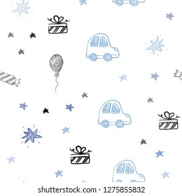 Light BLUE vector seamless template in carnival style. Shining illustration with a toy car, baloon, candy, star, ball. Pattern for carnival, festival ads.