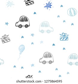 Light BLUE vector seamless template in carnival style. Shining illustration with a toy car, baloon, candy, star, ball. Design for holiday adverts.