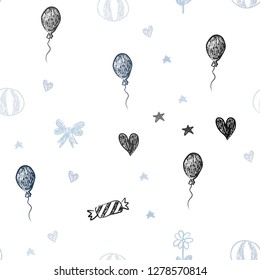 Light BLUE vector seamless template in carnival style. Design in xmas style with aheart, baloon, candy, gift, star, ribbon. Pattern for new year ads.