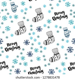Light BLUE vector seamless template with ice snowflakes, balls, socks, mittens. Modern geometric abstract illustration. Design for textile, fabric, wallpapers.
