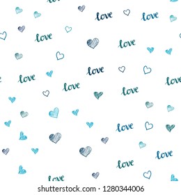 Light BLUE vector seamless template with text LOVE YOU, hearts. Design in doodle style with text LOVE YOU, hearts. Design for textile, fabric, wallpapers.