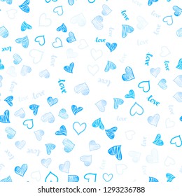 Light BLUE vector seamless template with text LOVE YOU, hearts. Illustration with words of love, hearts in abstract style. Design for textile, fabric, wallpapers.