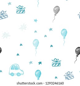 Light BLUE vector seamless template in carnival style. Design in xmas style with a toy car, baloon, candy, star, ball. Template for new year postcards.