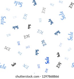 Light BLUE vector seamless template with 30, 50, 70% selling. Colored words of sales with gradient on white background. Backdrop for mega promotions, discounts.
