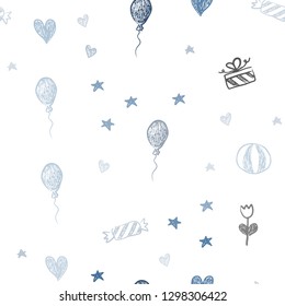 Light BLUE vector seamless template in carnival style. Colorful illustration with aheart, baloon, candy, gift, star, ribbon. Pattern for birthday gifts.