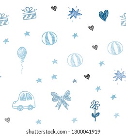 Light BLUE vector seamless template with carnival elements. Shining illustration with a toy car, heart, baloon, tulip, candy, ball. Pattern for carnival, festival ads.