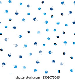 Light BLUE vector seamless template with cups of coffee, beans. Gradient abstract collection of coffee cups and beans. Pattern for menu of cafes and restaurants.