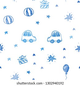 Light BLUE vector seamless template in carnival style. Design in xmas style with a toy car, baloon, candy, star, ball. Pattern for carnival, festival ads.