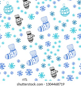 Light BLUE vector seamless template with ice snowflakes, balls, socks, mittens. Colorful xmas elements with gradient. Template for business cards, websites.