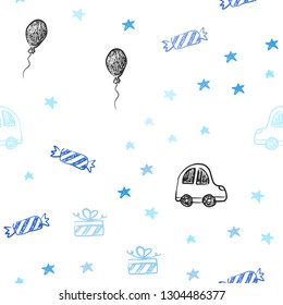 Light BLUE vector seamless template in carnival style. Colorful illustration with a toy car, baloon, candy, star, ball. Template for new year postcards.