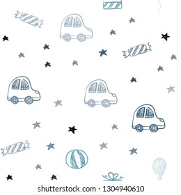 Light BLUE vector seamless template in carnival style. Colorful illustration with a toy car, baloon, candy, star, ball. Design for holiday adverts.