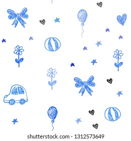 Light BLUE vector seamless template with carnival elements. Illustration with a gradient toy car, heart, baloon, tulip, candy, ball. Pattern for new year ads.