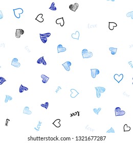 Light BLUE vector seamless template with text LOVE YOU, hearts. Design in doodle style with text LOVE YOU, hearts. Pattern for trendy fabric, wallpapers.