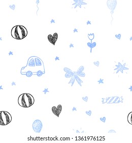 Light BLUE vector seamless template with carnival elements. Abstract illustration with a toy car, heart, baloon, tulip, candy, ball. Template for new year postcards.
