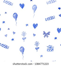 Light BLUE vector seamless template in carnival style. Illustration with a colorfulheart, baloon, candy, gift, star, ribbon. Pattern for carnival, festival ads.