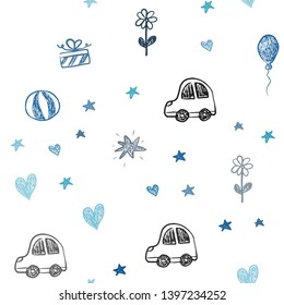 Light BLUE vector seamless template with carnival elements. Abstract illustration with a toy car, heart, baloon, tulip, candy, ball. Template for new year postcards.