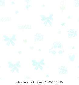 Light BLUE vector seamless template with carnival elements. Design in xmas style with a toy car, heart, baloon, tulip, candy, ball. Pattern for birthday gifts.