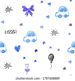 Light BLUE vector seamless template with carnival elements. Illustration with a colorful toy car, heart, baloon, tulip, candy, ball. Template for new year postcards.