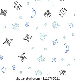 Light BLUE vector seamless texture with delicious snacks. Glitter abstract sketch with gourmet food. Doodle design for your business advert of cafes.