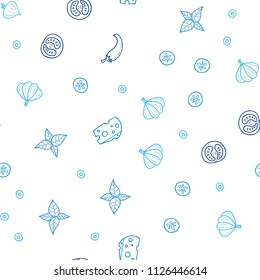 Light BLUE vector seamless texture with delicious snacks. Glitter abstract sketch with gourmet food. Template for meal cooking in kitchen.