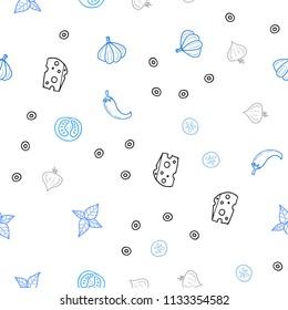 Light BLUE vector seamless texture with delicious snacks. Glitter abstract sketch with gourmet food. Template for meal cooking in kitchen.