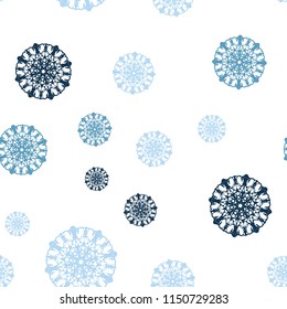 Light BLUE vector seamless texture with colored snowflakes. Glitter abstract illustration with crystals of ice. Pattern for trendy fabric, wallpapers.
