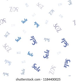 Light BLUE vector seamless texture with selling prices 30 %. Colored words of sales with gradient on white background. Backdrop for super sales on Black Friday.