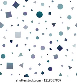 Light BLUE vector seamless texture in poly style with circles, cubes. Illustration with set of colorful circles, triangles, squares. Design for textile, fabric, wallpapers.