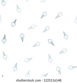Light BLUE vector seamless texture with delicious ice-cream. Glitter abstract sketch with ice-cream cones. Pattern for ads of breakfast, lunch, dinner.