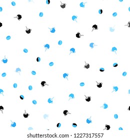 Light BLUE vector seamless texture with coffee beans, mugs. Glitter abstract backdrop with gradient mugs, coffee grains. Template of a black hot beverage in a cafe.