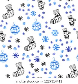 Light BLUE vector seamless texture with colored snowflakes, balls, socks, mittens. Glitter abstract illustration with gradient. Texture for window blinds, curtains.