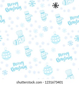 Light BLUE vector seamless texture with colored snowflakes, balls, socks, mittens. Colorful decorative design in xmas style. Design for textile, fabric, wallpapers.