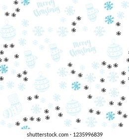 Light BLUE vector seamless texture with colored snowflakes, balls, socks, mittens. Glitter abstract illustration with gradient. Design for textile, fabric, wallpapers.