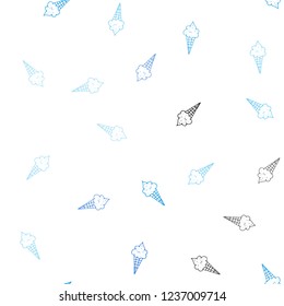 Light BLUE vector seamless texture with delicious ice-cream. Glitter abstract sketch with ice-cream cones. Pattern for menu of cafes and restaurants.