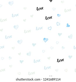 Light BLUE vector seamless texture with words LOVE YOU, hearts. Colorful gradient phrase LOVE YOU, hearts in abstract style. Design for wallpaper, fabric makers.