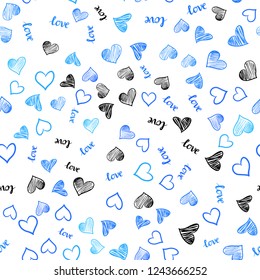 Light BLUE vector seamless texture with words LOVE YOU, hearts. Illustration with words of love, hearts in abstract style. Design for wallpaper, fabric makers.