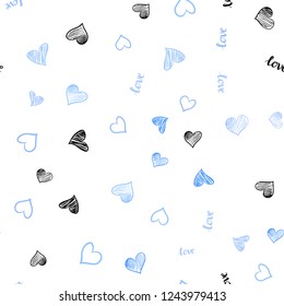 Light BLUE vector seamless texture with words LOVE YOU, hearts. Design in doodle style with text LOVE YOU, hearts. Design for wallpaper, fabric makers.