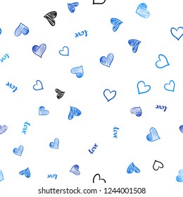 Light BLUE vector seamless texture with words LOVE YOU, hearts. Romantic illustration with colorful phrase LOVE YOU, hearts. Pattern for design of fabric, wallpapers.