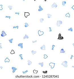 Light BLUE vector seamless texture with words LOVE YOU, hearts. Romantic illustration with colorful phrase LOVE YOU, hearts. Design for textile, fabric, wallpapers.
