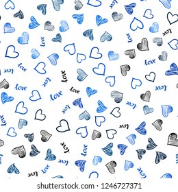 Light BLUE vector seamless texture with words LOVE YOU, hearts. Design in doodle style with text LOVE YOU, hearts. Design for wallpaper, fabric makers.