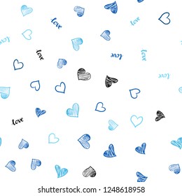 Light BLUE vector seamless texture with words LOVE YOU, hearts. Colorful illustration with quote LOVE YOU, hearts. Pattern for design of fabric, wallpapers.