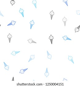 Light BLUE vector seamless texture with delicious ice-cream. Illustration with set of delicious sweet ice-cream cones. Pattern for ads of breakfast, lunch, dinner.