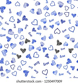 Light BLUE vector seamless texture with words LOVE YOU, hearts. Illustration with words of love, hearts in abstract style. Pattern for trendy fabric, wallpapers.
