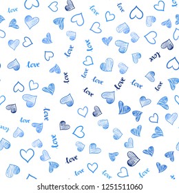 Light BLUE vector seamless texture with words LOVE YOU, hearts. Colorful gradient phrase LOVE YOU, hearts in abstract style. Pattern for trendy fabric, wallpapers.