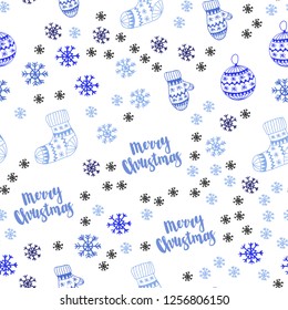 Light BLUE vector seamless texture with colored snowflakes, balls, socks, mittens. Colorful illustration with xmas symbols. Pattern for trendy fabric, wallpapers.