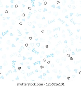 Light BLUE vector seamless texture with words LOVE YOU, hearts. Design in doodle style with text LOVE YOU, hearts. Template for business cards, websites.