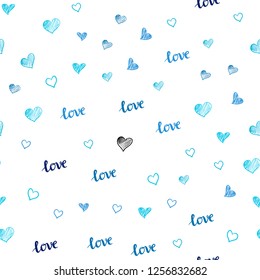Light BLUE vector seamless texture with words LOVE YOU, hearts. Romantic illustration with colorful phrase LOVE YOU, hearts. Texture for window blinds, curtains.