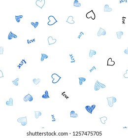 Light BLUE vector seamless texture with words LOVE YOU, hearts. Illustration with words of love, hearts in abstract style. Design for wallpaper, fabric makers.