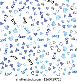 Light BLUE vector seamless texture with words LOVE YOU, hearts. Illustration with words of love, hearts in abstract style. Design for wallpaper, fabric makers.